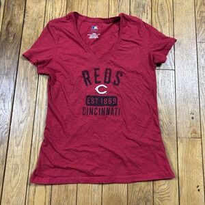 MLB Cincinnati Reds Womens V-Neck T-Shirt Red Heathered Logo Large